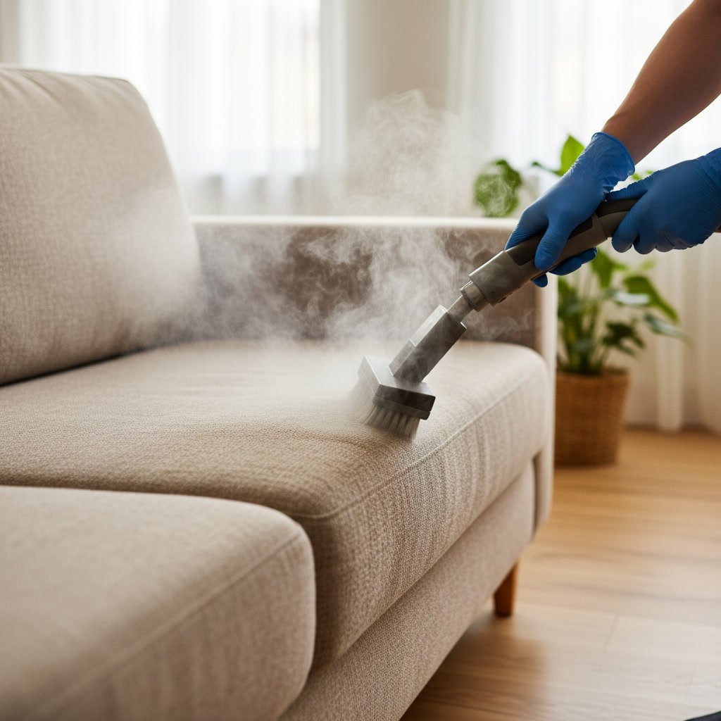 Technician steam cleaning beige sofa upholstery in Manteca home