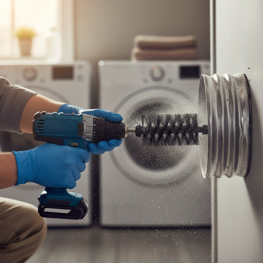 Technician cleaning dryer vent with rotating brush removing built-up lint in Manteca home
