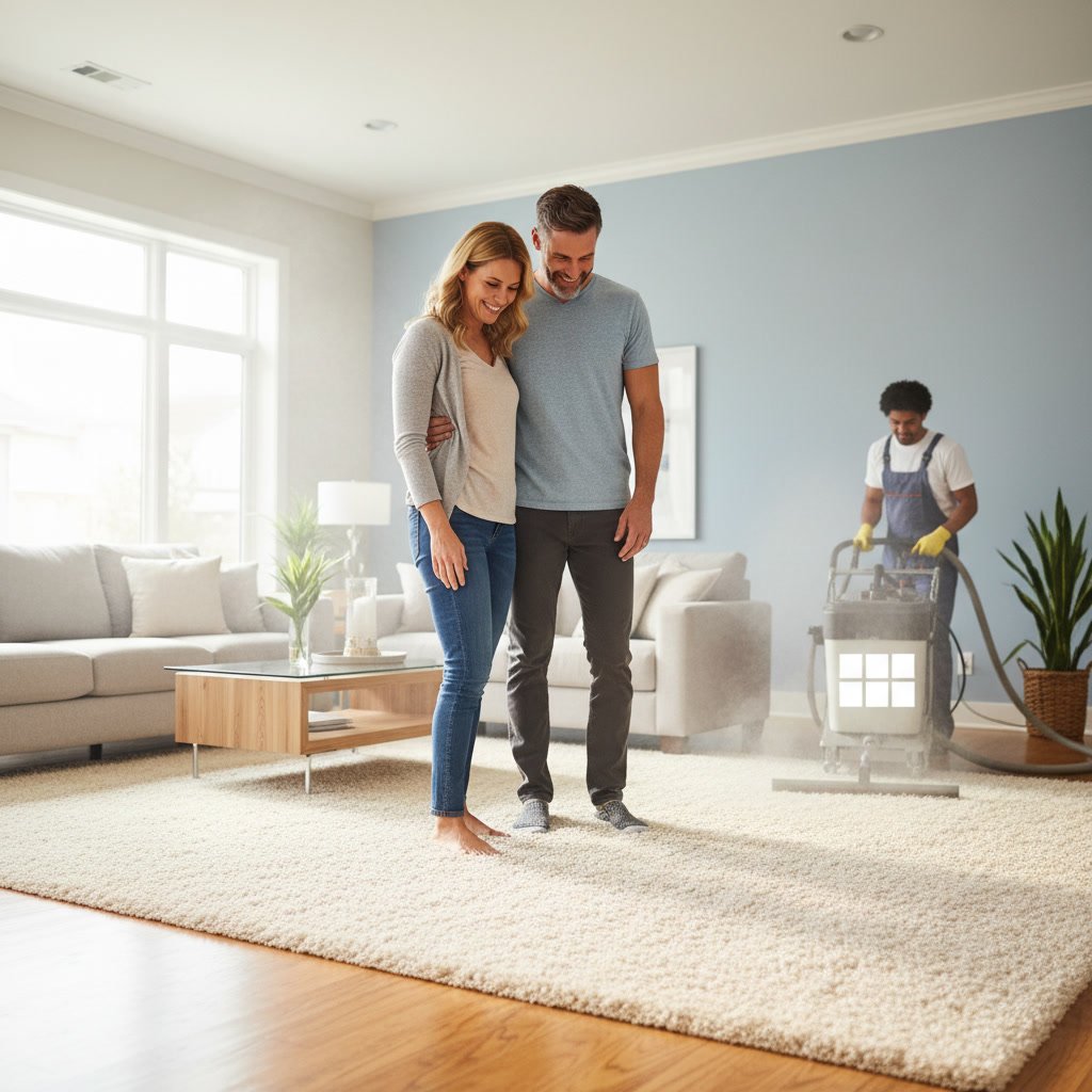 Child playing barefoot on clean carpet after safe chemical-free cleaning in Manteca home