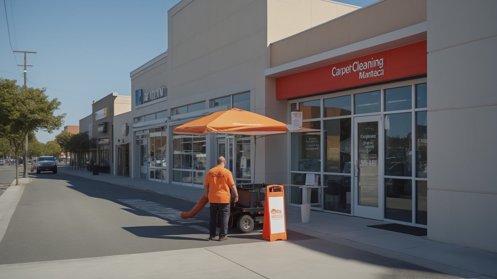 Professional carpet cleaning equipment and technician in Manteca California home