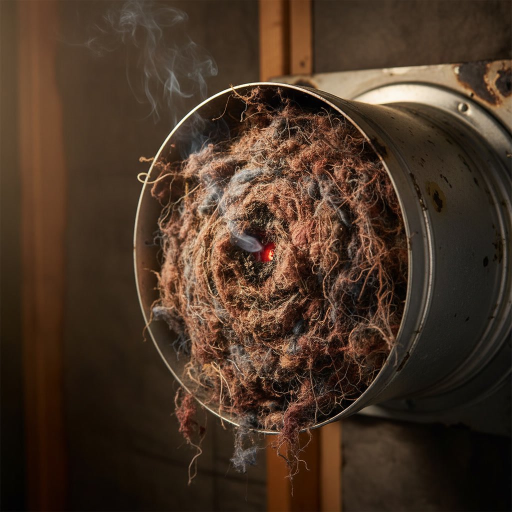 Clogged dryer vent filled with lint creating fire hazard in Manteca home