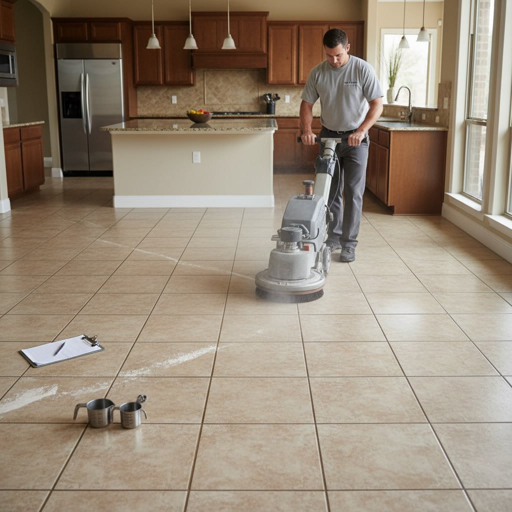 Professional tile and grout cleaning equipment on ceramic floor in Escalon home