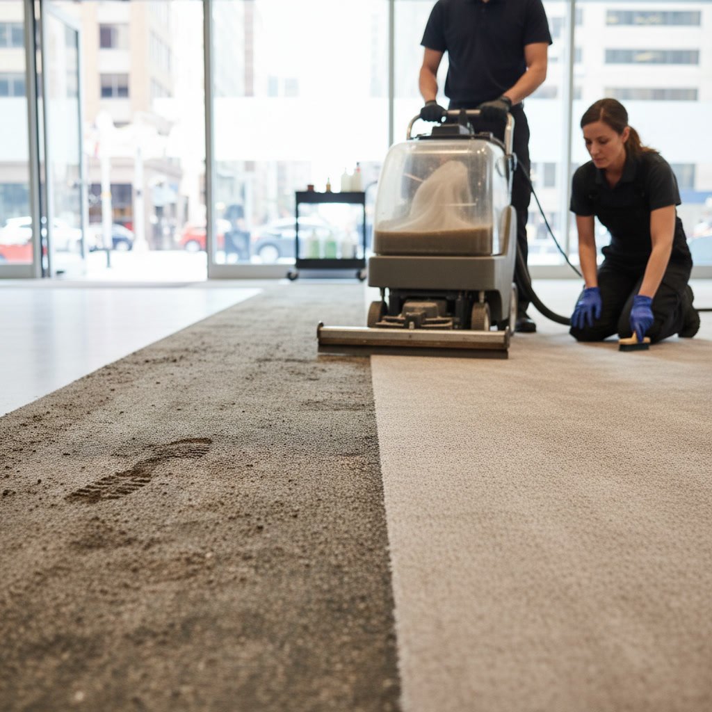 Professional truck-mounted carpet cleaning equipment in action on high traffic carpet