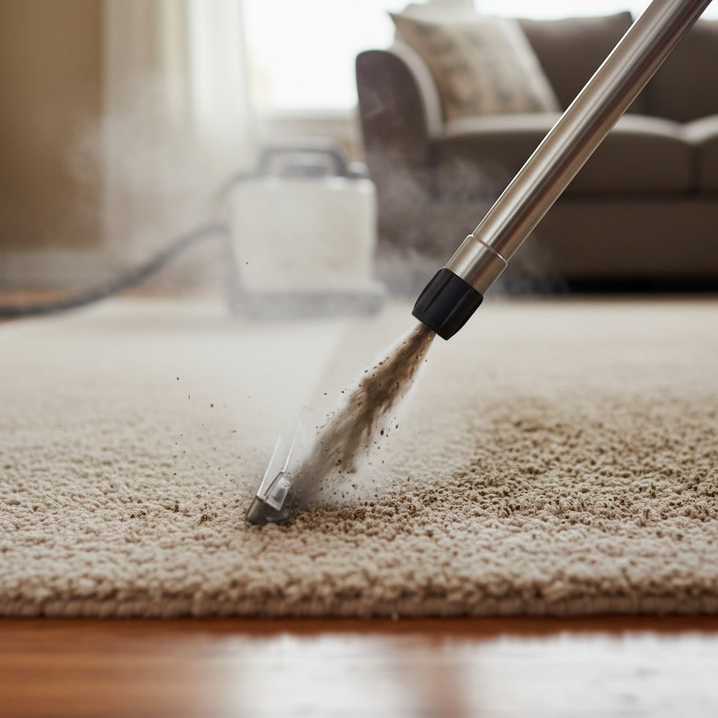 Professional steam cleaning equipment extracting dirt from carpet fibers