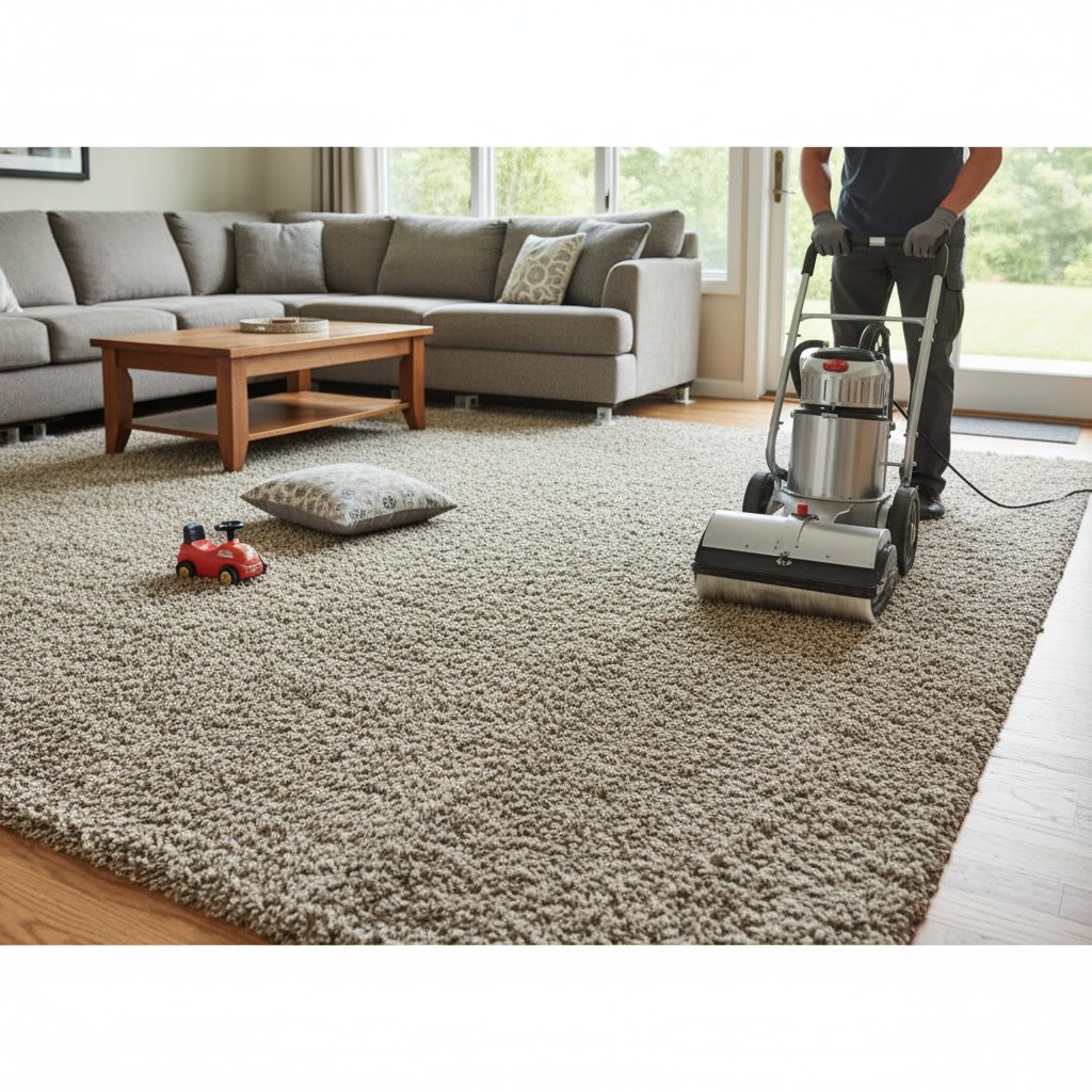 Low moisture carpet cleaning system treating hallway in Lathrop home