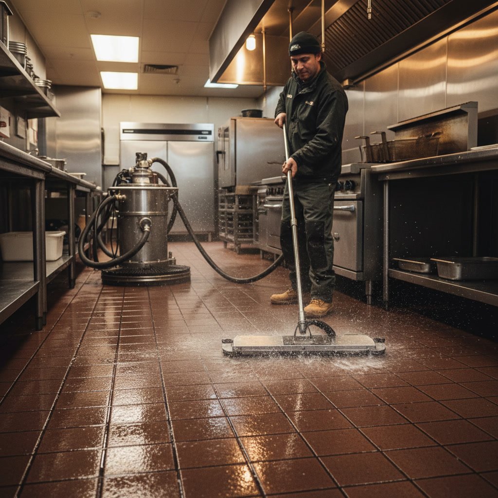 Professional tile and grout cleaning equipment for commercial restaurant kitchens
