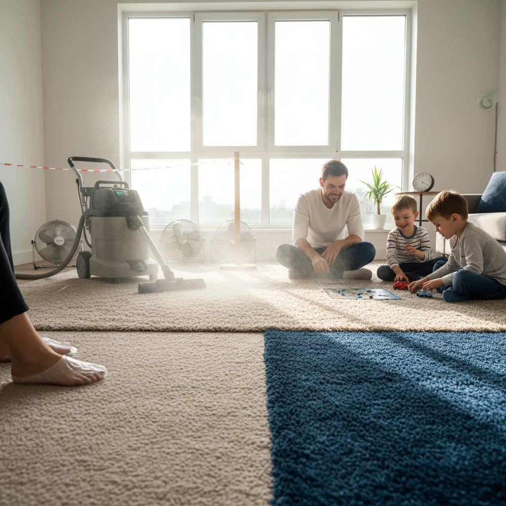 Carpet drying after professional hot water extraction cleaning