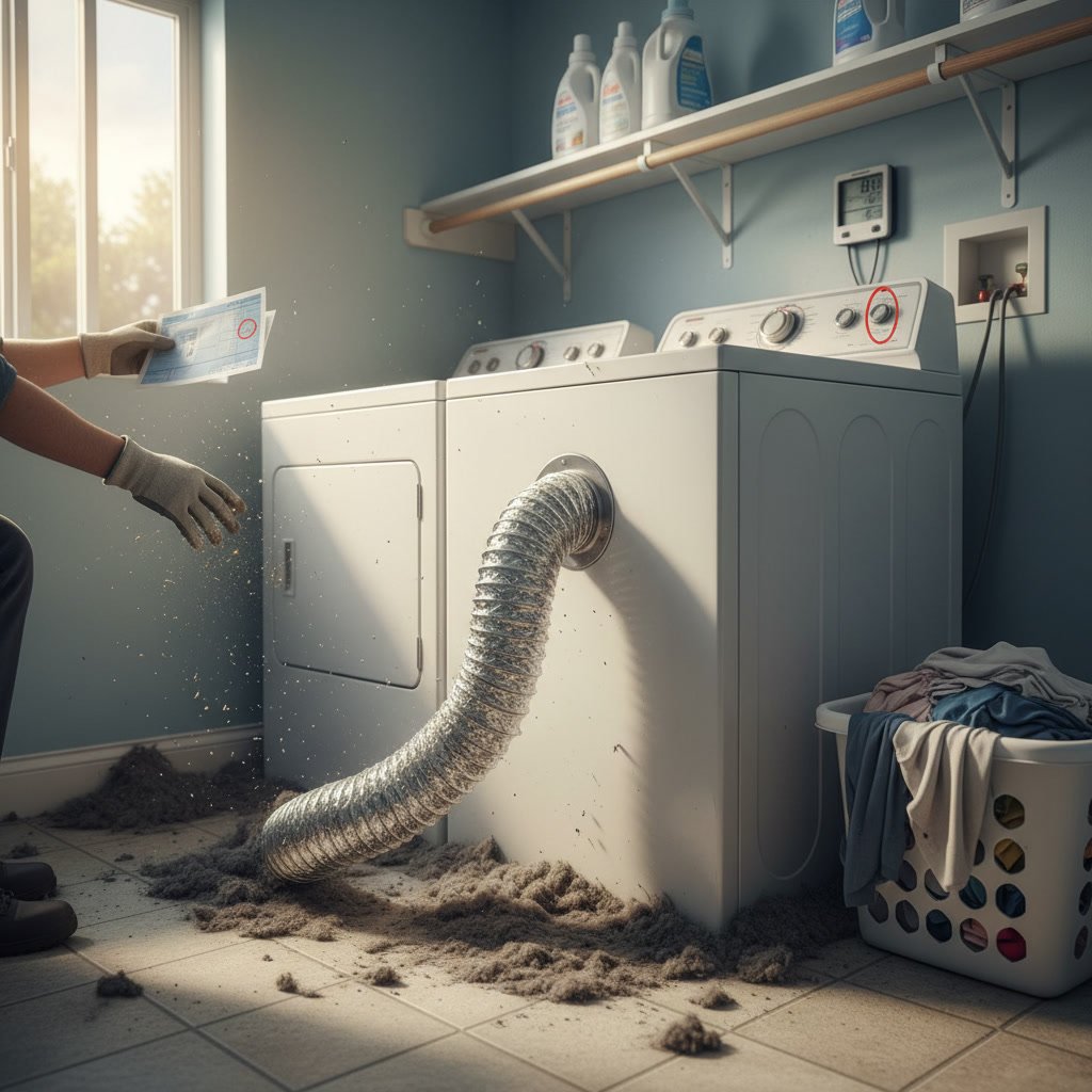 Professional technician cleaning dryer vent to improve energy efficiency