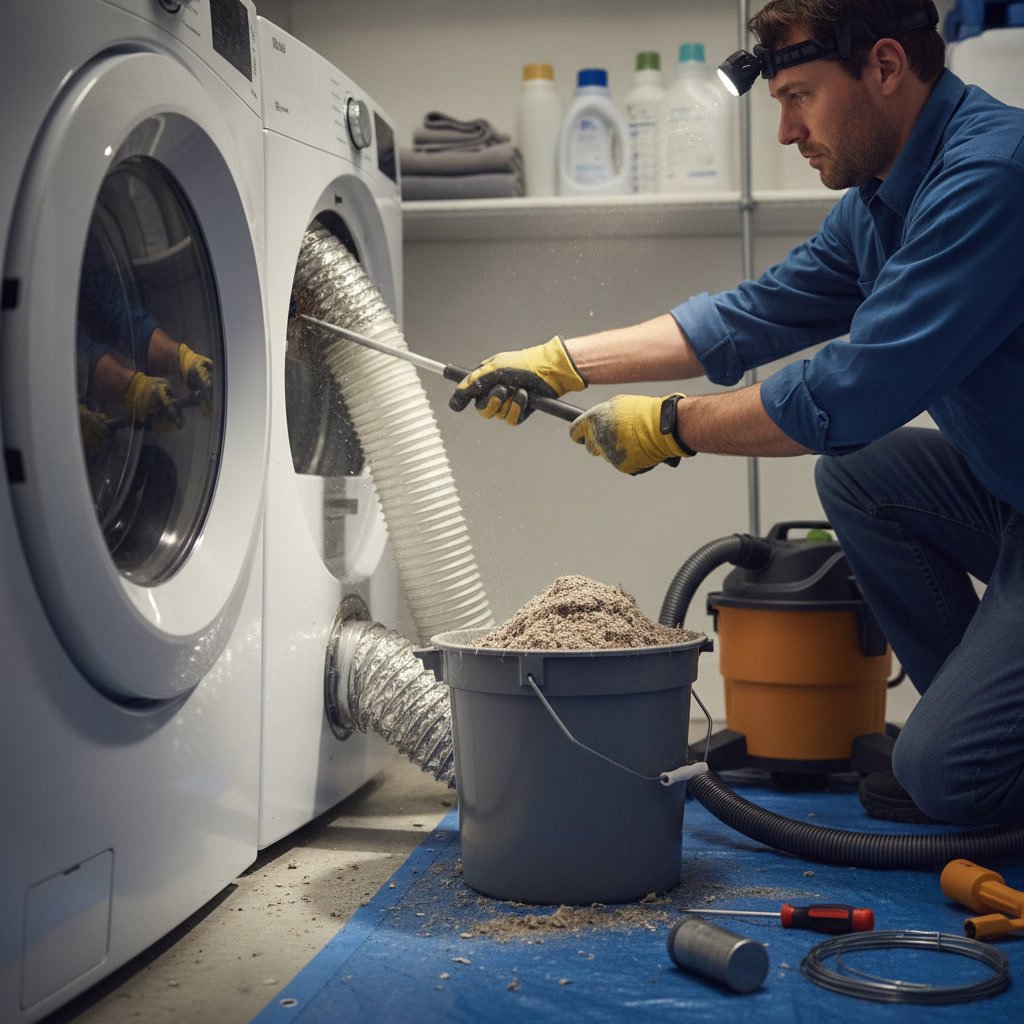 Homeowner performing basic dryer vent duct cleaning
