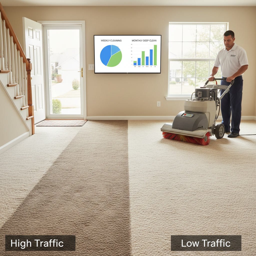 Side by side before and after carpet cleaning results in high traffic area