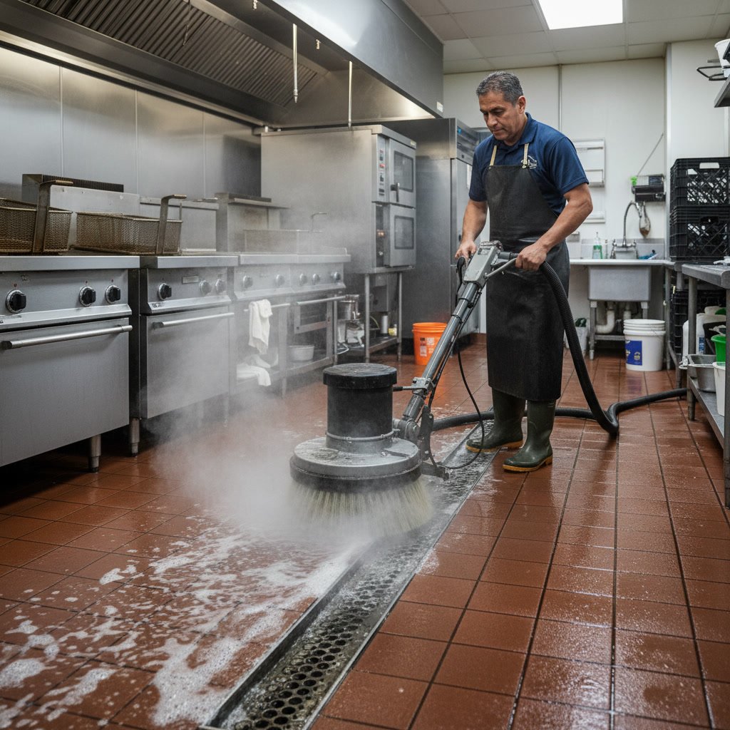 Clean restaurant kitchen tile floor after professional commercial cleaning service
