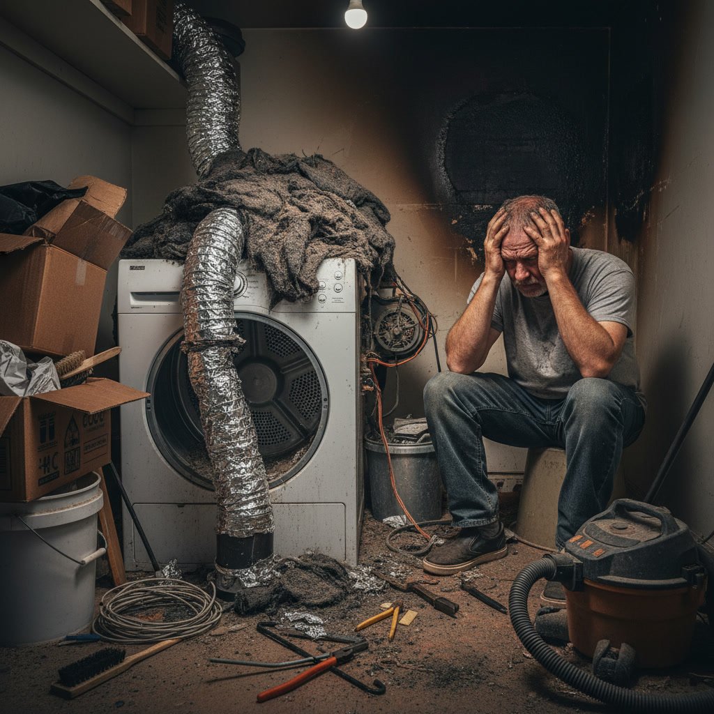 Professional technician inspecting dryer vent system for blockages