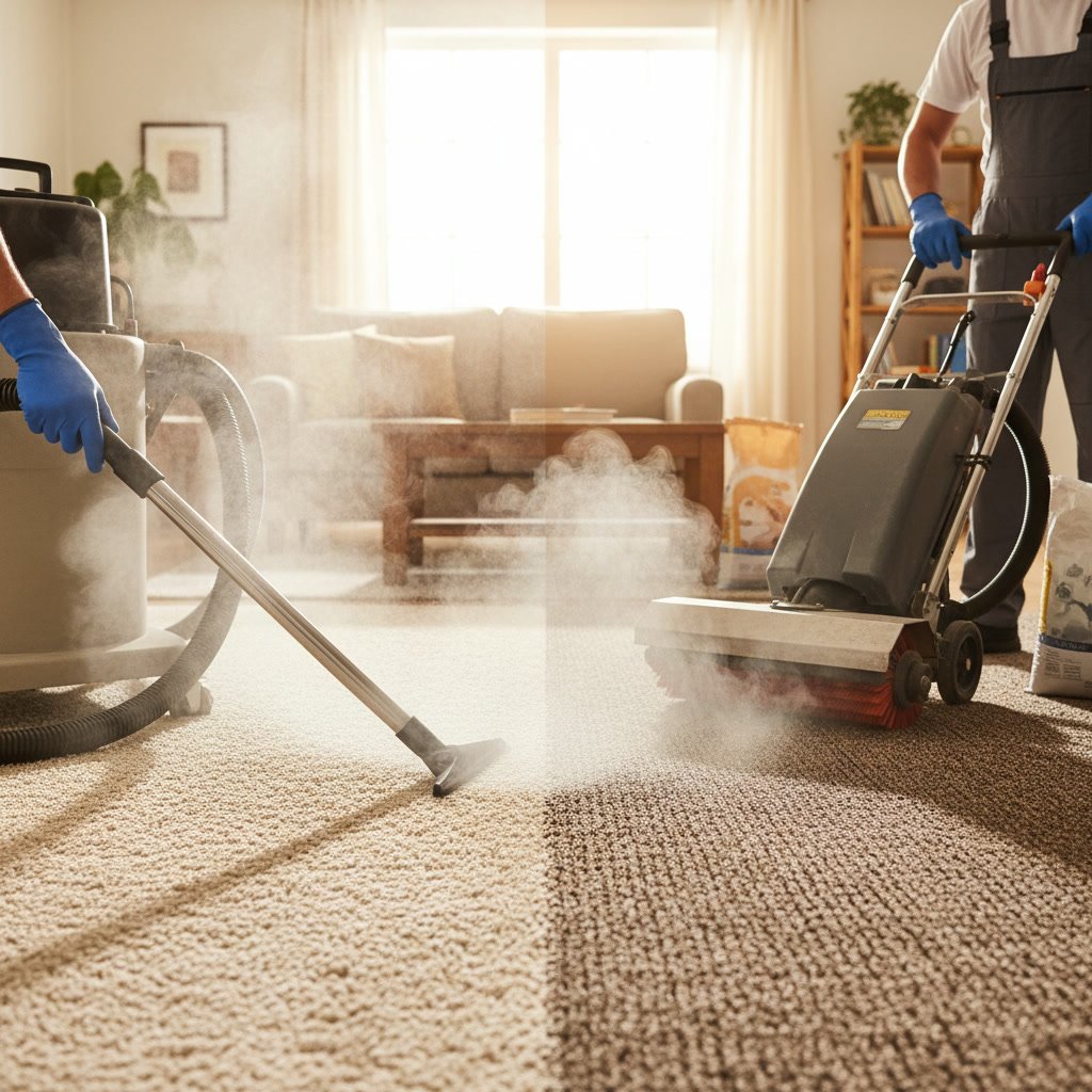 Professional carpet cleaning technician comparing steam and dry cleaning methods in a home