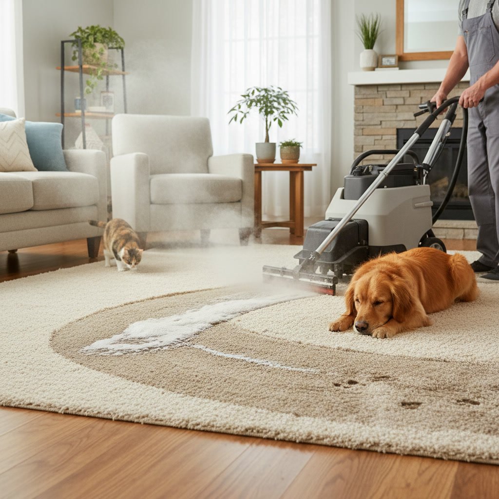 Professional carpet cleaning technician treating pet odors and allergens in residential home