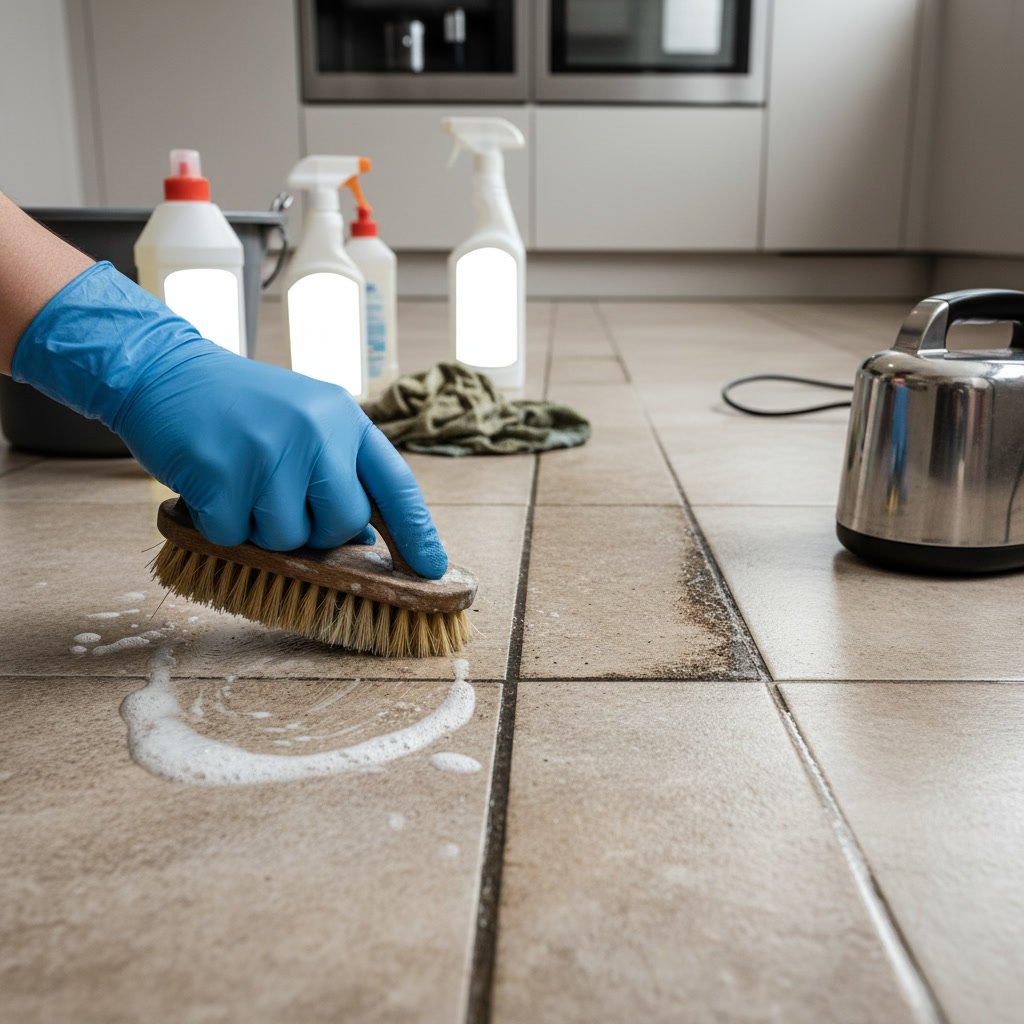 Close-up of dirty kitchen tile grout lines with embedded stains and discoloration