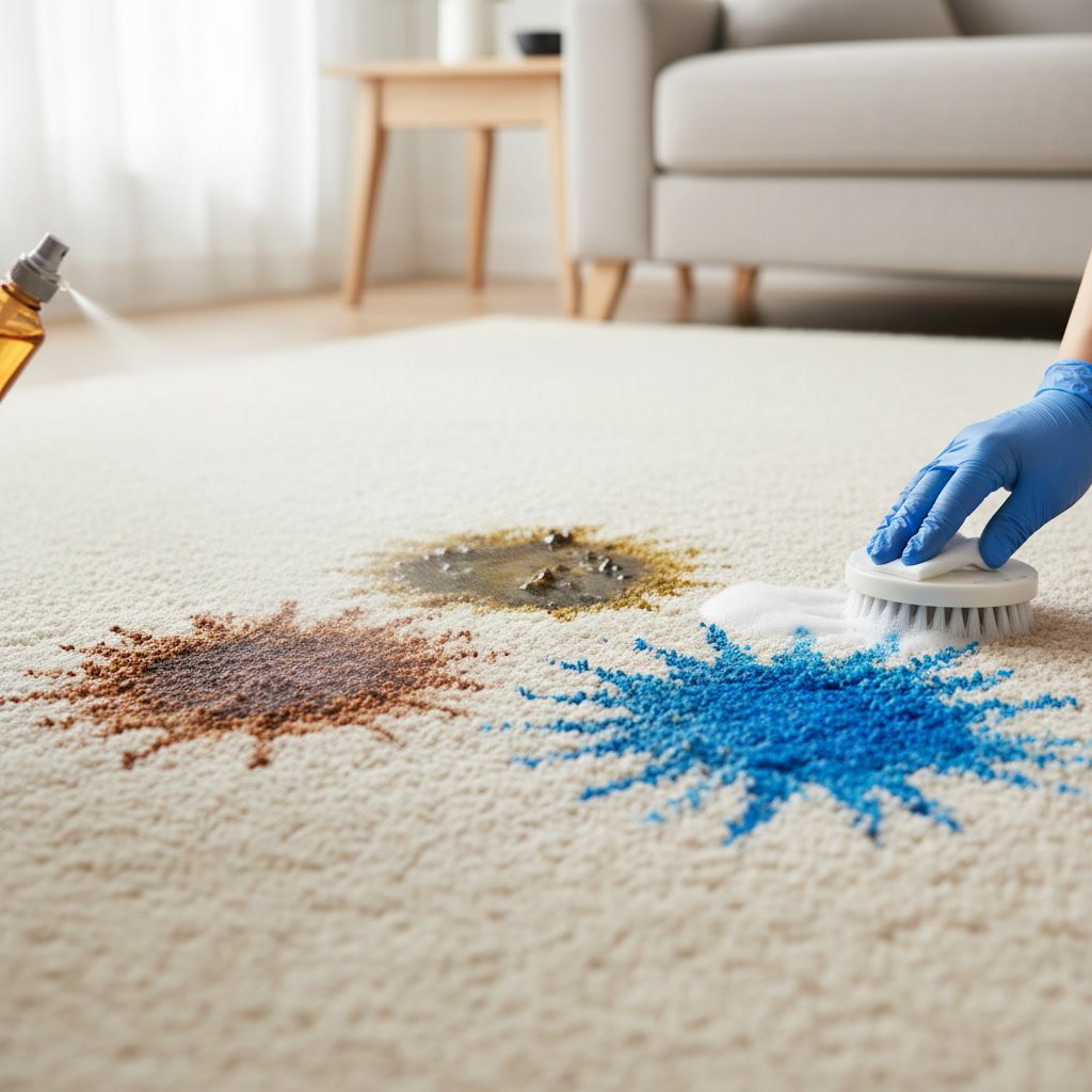 Professional technician inspecting carpet stain before treatment