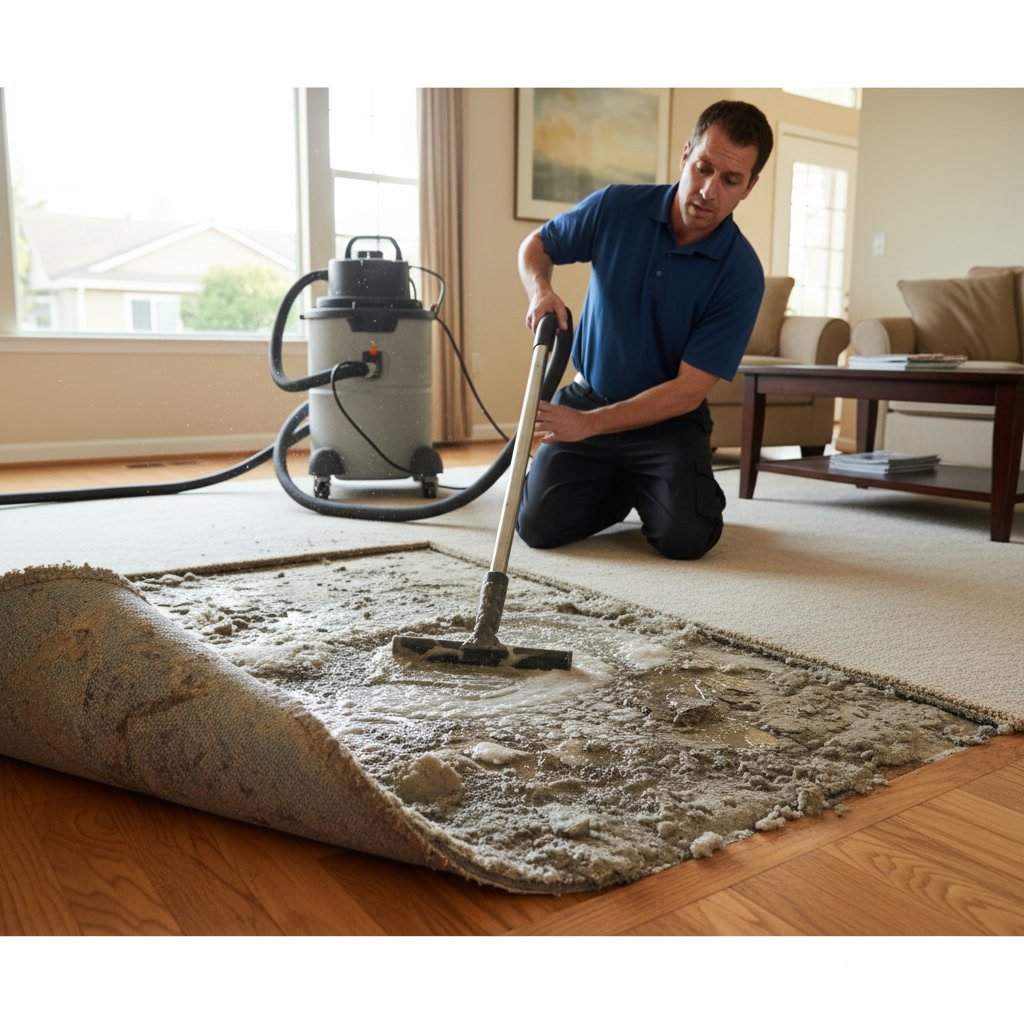 Carpet padding damage showing deterioration and moisture stains