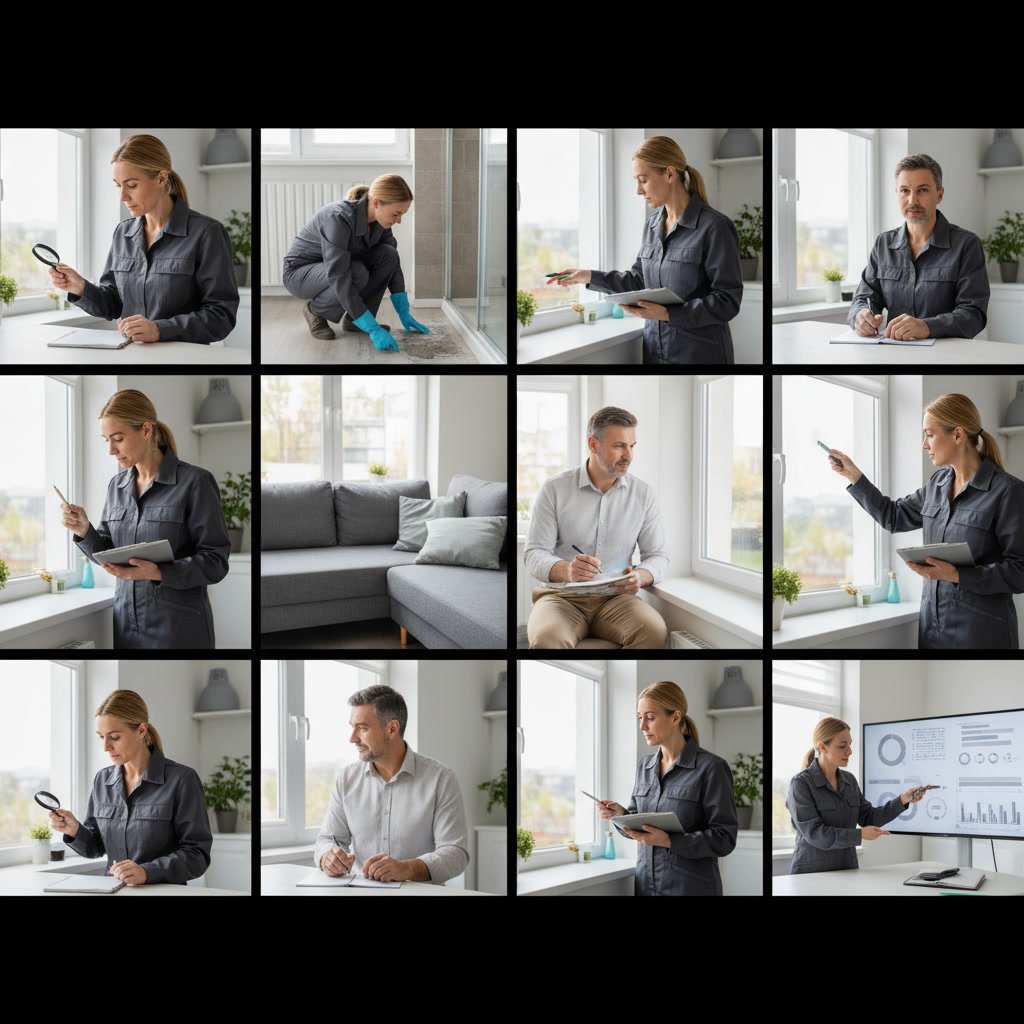 Cleaning professional measuring room dimensions during consultation