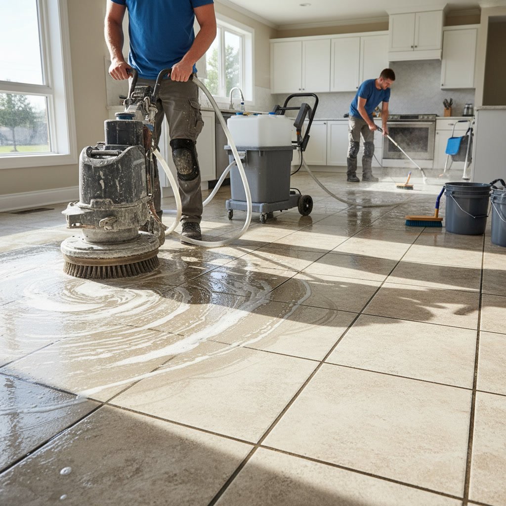 Professional tile and grout cleaning equipment with rotary brush on kitchen floor