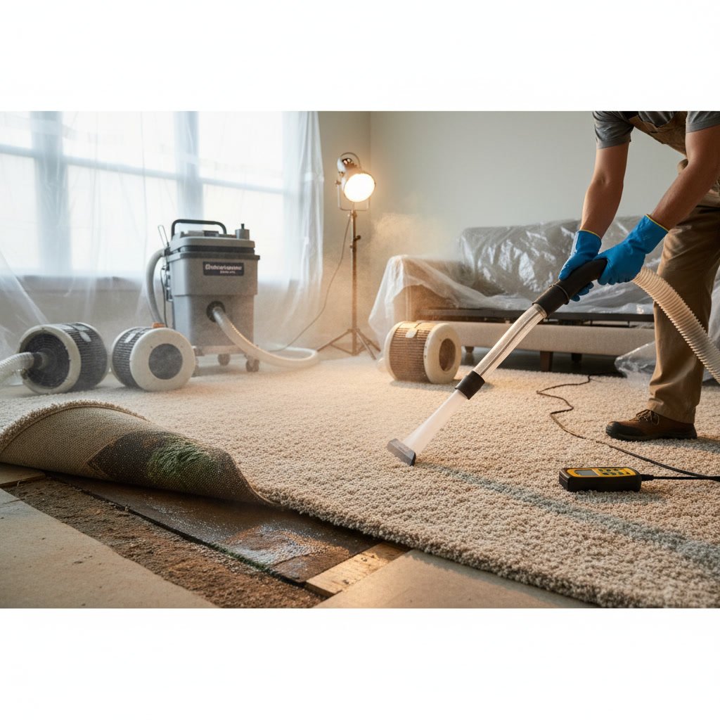 Industrial carpet drying equipment and air movers positioned in room after mold treatment