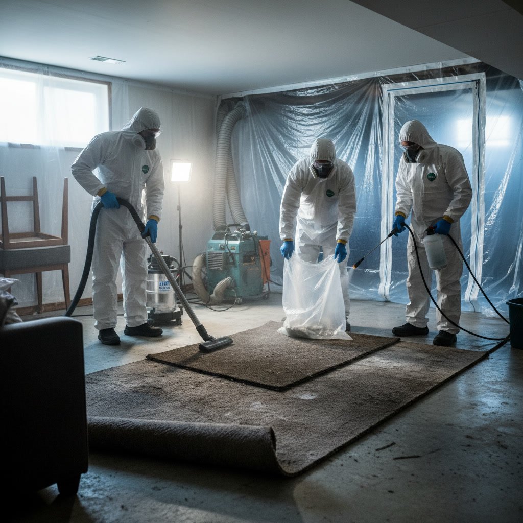 Professional technician performing hot water extraction on mold-contaminated carpet