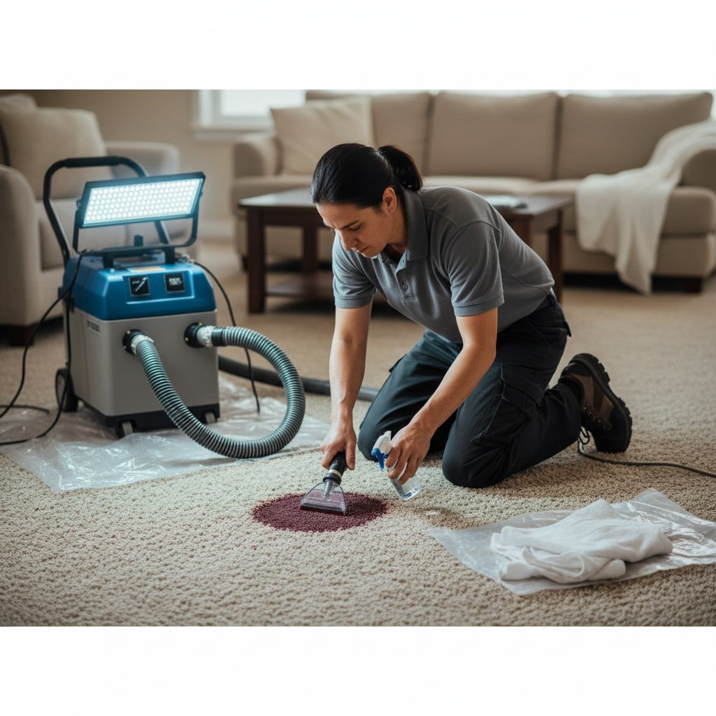 Inspecting carpet after professional stain removal treatment