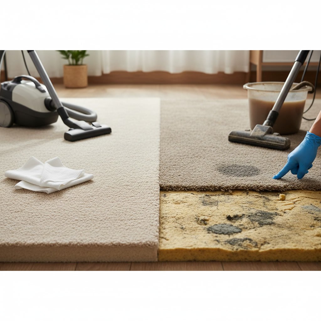 Professional technician examining carpet padding for damage and moisture
