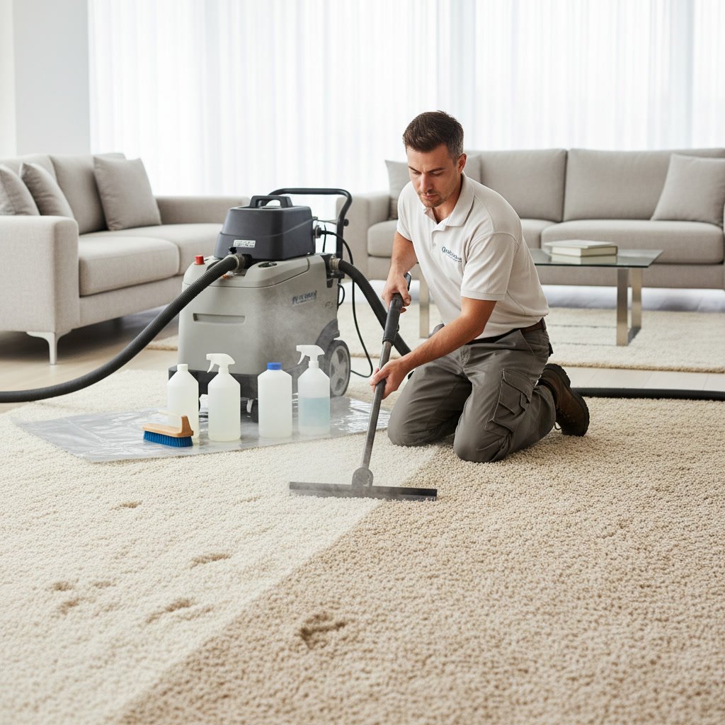 Certified carpet cleaning technician demonstrating proper extraction technique and equipment settings
