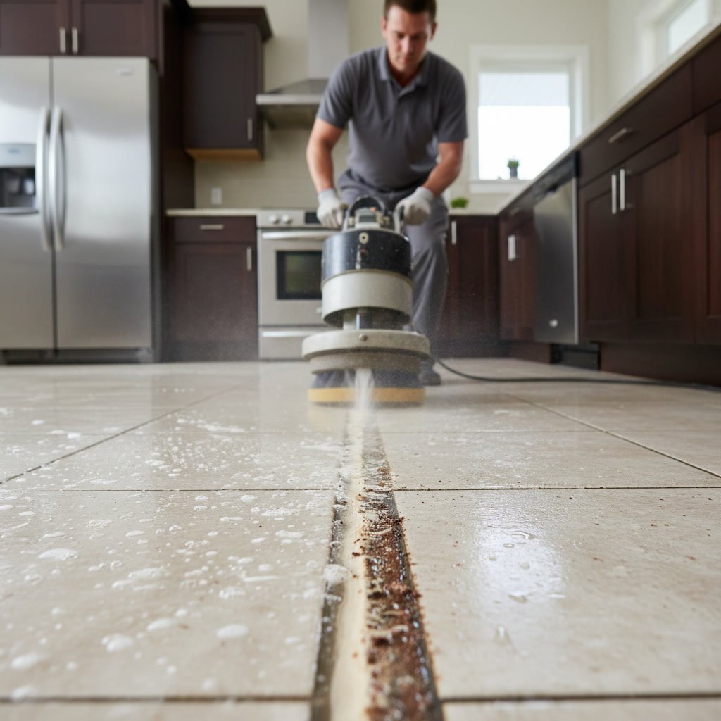 Professional technician cleaning kitchen tile and grout with specialized equipment