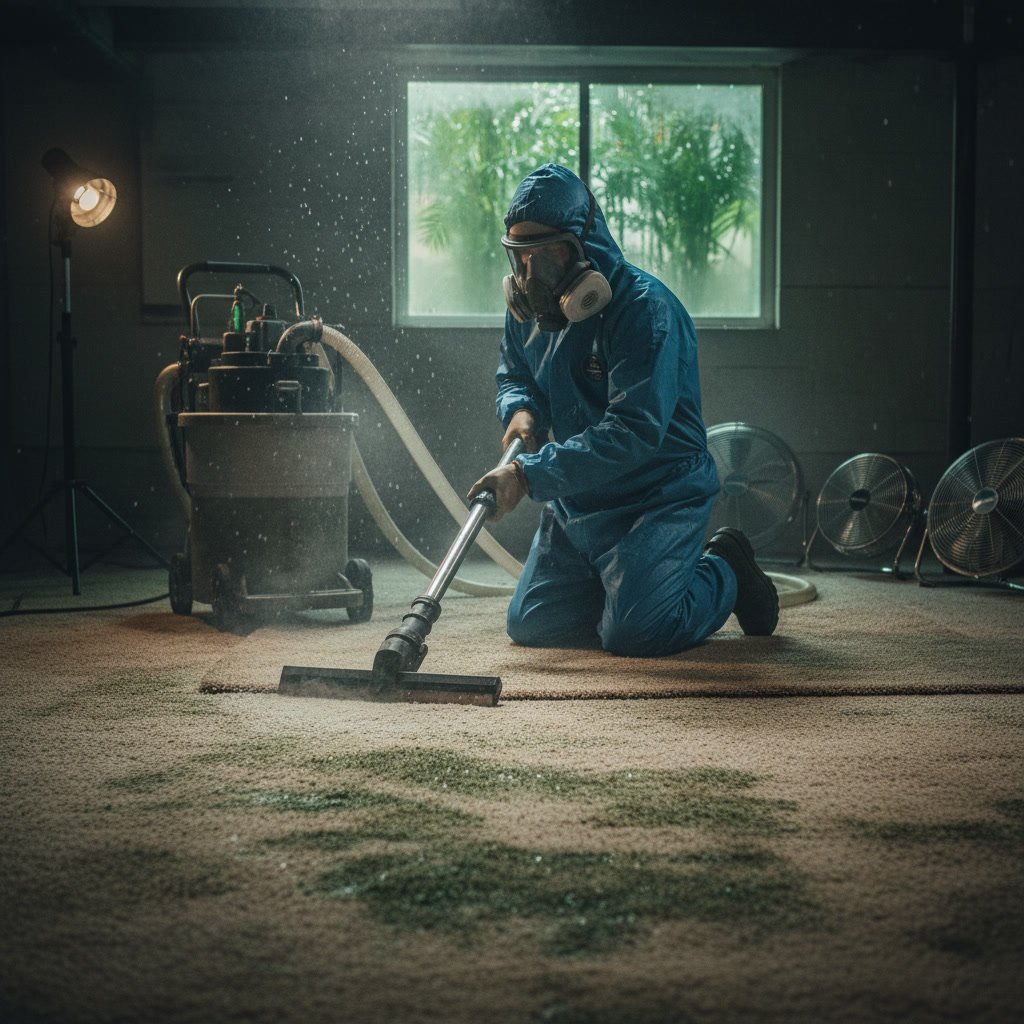 Professional carpet cleaning technician treating mold-contaminated carpet with hot water extraction equipment