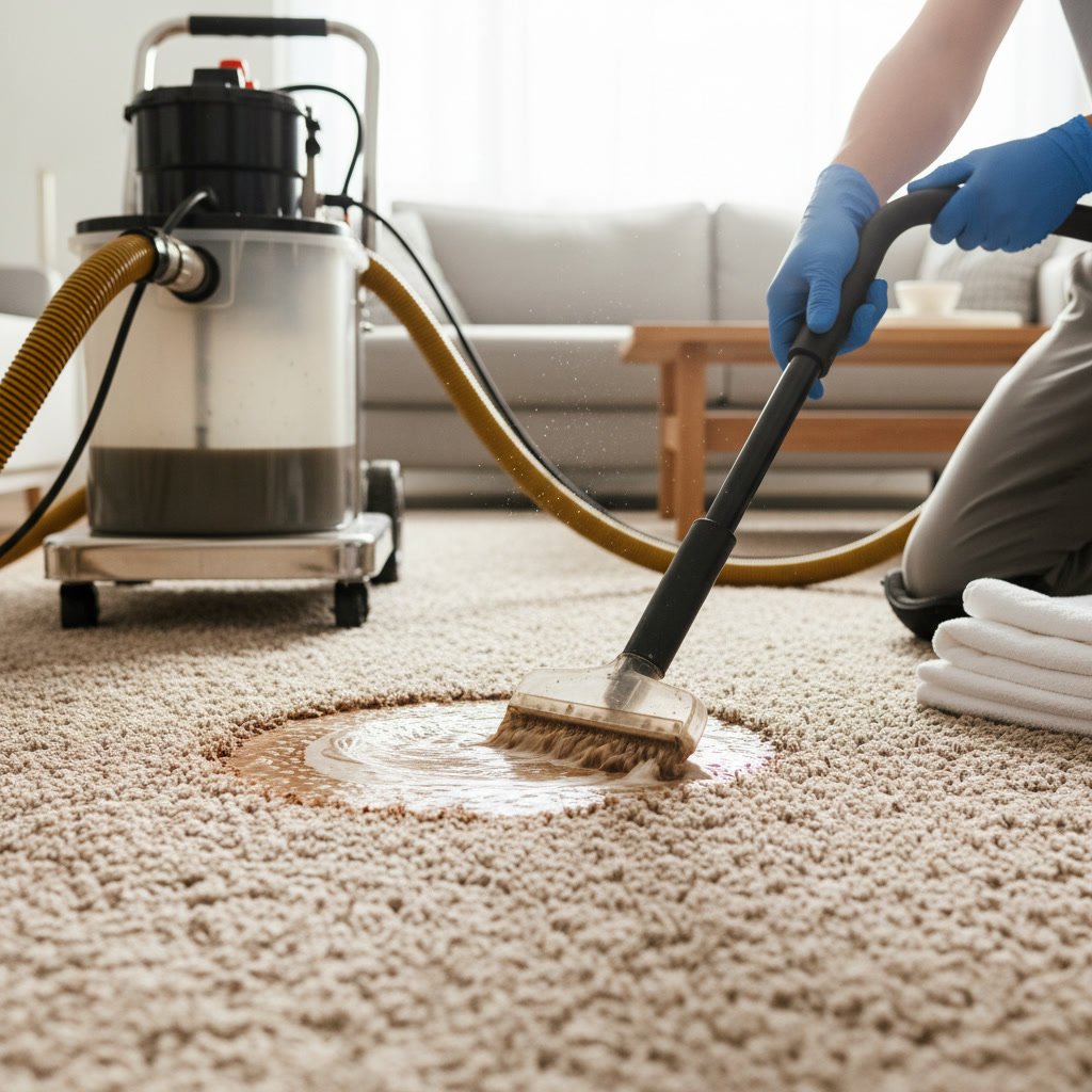 Professional carpet cleaning technician treating stains with specialized equipment
