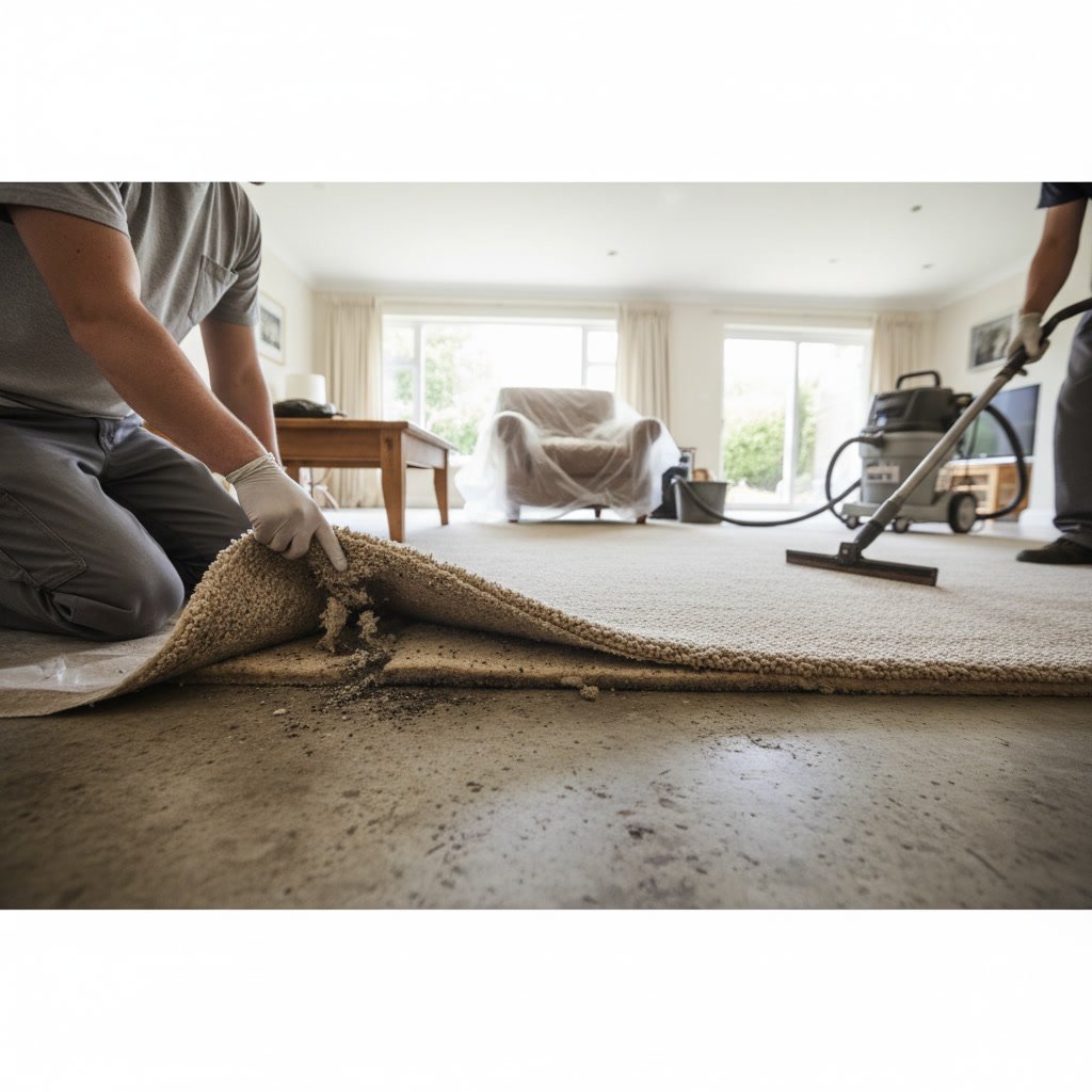 Professional carpet technician examining carpet padding damage in residential home